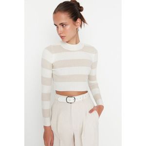 Trendyol Vrouwen Standaard mouw Basis Ecru cropped katoenen gestreepte gebreide trui TWOAW20KZ0255