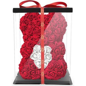 Rozenbeer in geschenkdoos - Verjaardagscadeau voor vrouwen en vriendinnen - Uniek cadeau voor trouwdagen en jubilea (rood, 25 cm)