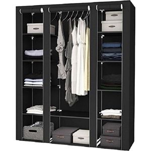 Eleganca Opvouwbare Kledingkast - L143 x B44 x H169 cm - Legkast - Opbergkast Slaapkamer - 12 Stoffenplanken en 1 Roede - Stoffen Garderobekast - Stalen Frame - Draagvermogen 225 kg - Zwart