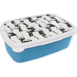 Broodtrommel Blauw - Lunchbox - Brooddoos - Patronen - Zwart wit - Kopjes - Thee - 18x12x6 cm - Kinderen - Jongen