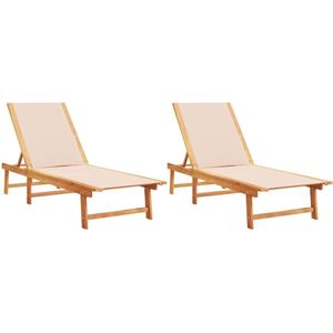 vidaXL Ligbed - Ligbedden - Tuinstoel - Tuinmeubel - Ligbedden 2 st massief acaciahout en textileen crèmekleurig