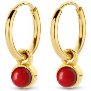CO88 Collection Oorbellen Dames - Oorringen Met Hanger - Natuursteen - Ø7mm Agaat - 16x2mm - Rood - Staal - Goudkleurig - 8CE-70418