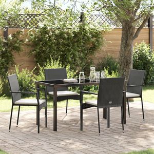 vidaXL - 5-delige - Tuin - Dining - Set - met - Kussens - Zwart - Poly - Rattan
