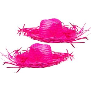 Toppers - Set van 2x stuks roze Tropische Hawaii thema strohoed met grote rand - Dames hoed