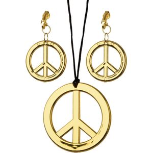 Hippie set - Peace - Ketting plus 2 oorclips - Goudkleurig
