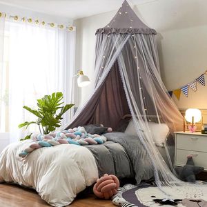 Dubbele Laag Meisjes Bedhemel - Prinses Ronde Koepel Klamboe - Meisjeskamer Kasteel Speeltent - Hangende Huisdecoratie - Leeshoek Hemels (grijs-wit)
