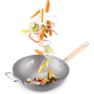 Grote inductie wokpan - Koolstofstalen wok met twee handvaten - Carbon steel wok 30 cm diameter - Voor roerbak- en wokgerechten