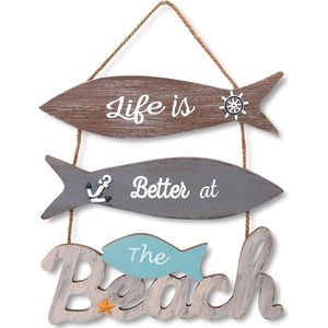 Maritiem badkamer decoratief bord van hout - Life is Better at The Beach - liefdevol vormgegeven badkameraccessoires met details om op te hangen - met sisal koord - voor muur, raam, deur (N-4)