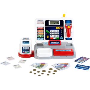 Klein Toys elektronische kassa - afneembare tablet, rekenmachinefunctie, scanner, kaartlezer en een kassa vol speelgeld - 33,42x16,83x22,33 cm - incl. soundbar - grijs rood