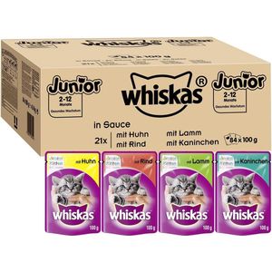 Whiskas Junior Kattenvoer – 84x 100g Hoogwaardig natvoer in verschillende smaken voor een gezonde vacht – Natvoer in verschillende smaken, 84 x 100gr= 8.4 kg