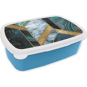 Broodtrommel Blauw - Lunchbox - Brooddoos - Marmer - Mozaïek - Goud - 18x12x6 cm - Kinderen - Jongen