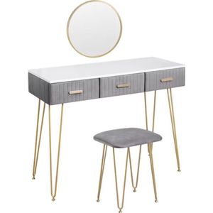Kaptafel met kruk en spiegel - Make-up tafel - Grijs - Fluweel - 3 Lades - Tafel Meubelen - 1 meter