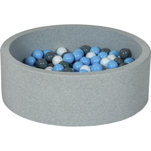 Ballenbad rond - grijs - 90x30 cm - met 150 blauw, grijs en witte ballen