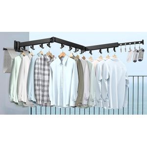 Wandkledingrek 125 cm, uittrekbaar kledingrek, opvouwbaar kledingrek met 24 haken en handdoekhouder voor balkon, slaapkamer, wasplaats, drievoudig