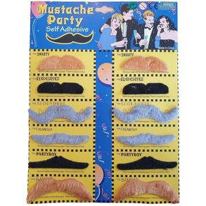 Partychimp Voordeelverpakking 12 pack Plaksnorren Multicolor 12 stuks Snor Plaksnor Nepsnor Carnaval - Multicolor - 12 Snorren - Verschillende Vormen – 12 oack