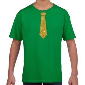 Groen fun t-shirt met stropdas in glitter goud kinderen - feest shirt voor kids 122/128