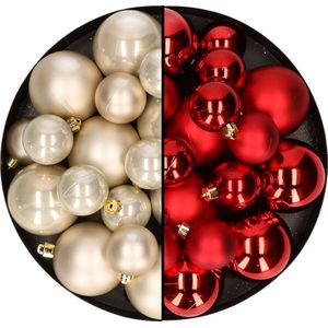 Kerstversiering kunststof kerstballen kleuren mix rood/champagne 4-6-8 cm pakket van 68x stuks