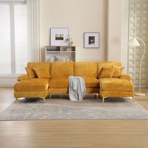 Pugsdrly Grote moderne hoekbank in chenille met dubbele zitplaats die kan worden omgevormd tot bed voor de woonkamer, slaapkamer, kantoor, appartement, villa, salon bij de open haard, mosterd