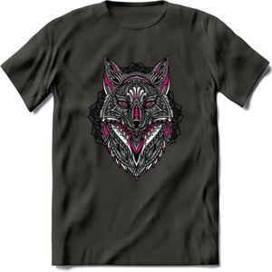 Vos - Dieren Mandala T-Shirt | Roze | Grappig Verjaardag Zentangle Dierenkop Cadeau Shirt | Dames - Heren - Unisex | Wildlife Tshirt Kleding Kado | - Donker Grijs - M