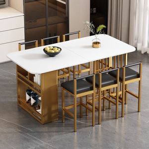 Sweiko Familie eettafel stoel set, 1 eettafel, 6 stoelen, stalen frame keuken tafel, moderne eettafel, rechthoekige eettafel, eettafel stoelen, Wit en goud