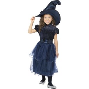 Smiffy's - Heks & Spider Lady & Voodoo & Duistere Religie Kostuum - Deluxe Piekfijn Middernacht Heksje - Meisje - Blauw - Medium - Halloween - Verkleedkleding