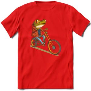 Biker kikker T-Shirt Grappig | Dieren reptiel Kleding Kado Heren / Dames | Animal Skateboard Cadeau shirt - Rood - XXL