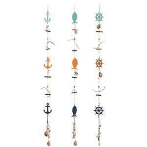3 x hangdecoratie maritiem - decoratie om op te hangen - stuurwiel, anker en vissen van hout met schelpen - hangdecoratie (3 stuks - 100 cm)