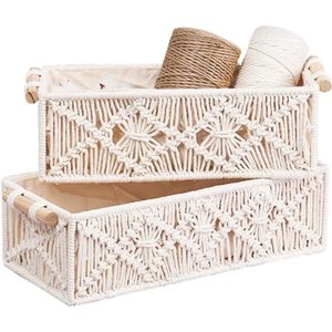 Opbergmand Set van 2 stuks Macramé Opbergmanden met Houten Handgrepen - Wit Boho Badkamerdecoratie - Geweven Manden voor Planken - Handgemaakte Werkblad Toiletkast Organizer Dozen voor Slaapkamer