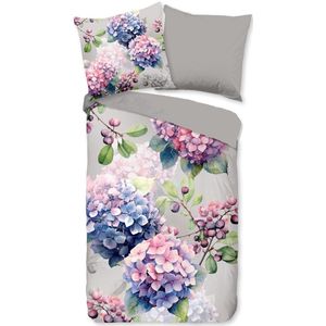 Dekbedovertrek 155x220 cm - Hortensia Bloemen Print - Grijs - 1 Persoons - 100% Katoen