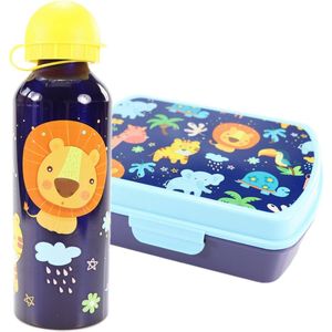 Broodtrommel + drinkfles LEEUW Jungledieren | Lunchbox en aluminium drinkbeker voor kinderen blauw geel | LS23a