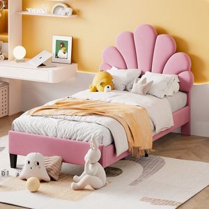 Sweiko Gestoffeerd bed Kinderbed 90 x 200 cm, Bedframe met bloemhoofdeinde en lattenboden, Teenie meisjesbed in huidvriendelijke fluwelen stof, Gastenbed, Roze