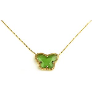 korte zilveren halsketting halssnoer collier geelgoud verguld Model Vlinder met groene steen