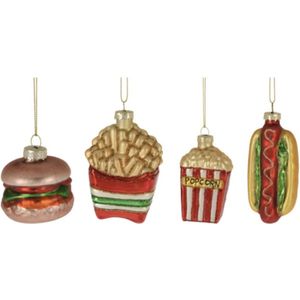 Set van 4 kerstballen: popcorn, friet, hamburger en hotdog