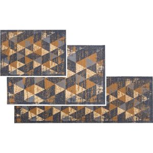 Keukenmat Antislip tapijt voor binnen, keukenloper, hal, vuilvangmat, vuilloop wasbaar, set van 3, 50 x 70 cm + 66 x 110 cm en 50 x 150 cm, driehoeken, grijs-bruin