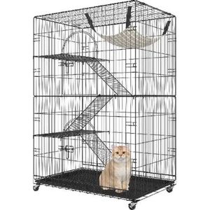 Bolmans - Kattenren - Kattenbench - Katten kooi - 4 Niveaus - 2 Deuren - 3 Ladders - 90x60x133cm - Zwart - Ideaal voor knaagdieren - Ondersteund tot 14kg - Opvouwbaar