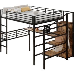 Merax Hoogslaper 140x200 cm - Inclusief Bureau - Open Kledingkast - Opbergladen in Trap - Zwart Metaal - Zonder Matras