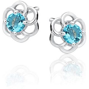 Joy|S - Zilveren elegante bloem oorbellen - 8 mm - zirkonia aqua marine blauw - gehodineerd