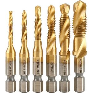 6-delig Boortap set - Titanium coating - Bit boor tap en verzinken set gemaakt van HSS - Gereedschap boormachine M3-M10 - Schroefdraad snijden - Combi boortap - Gaten boren