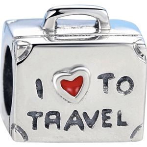 Reizen - Zilveren bedels - Bedel Koffer I Love to Travel | 925 Sterling Zilver - Geschikt voor alle merken - Met 925 Zilver Certificaat - In Leuke cadeauverpakking - Moederdag