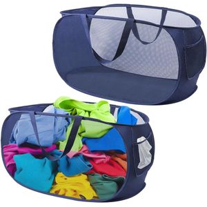 Pop Up Laundry Hamper Pack of 2 - 36 x 36 x 58 cm Foldable Mesh Hamper with Handle - Portable Laundry Basket for Children's Room, Camping, and Travel (Blue)