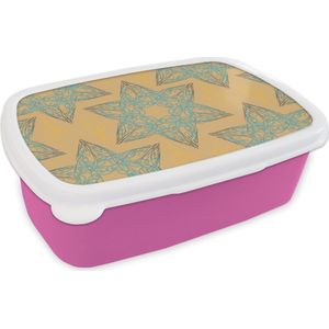 Broodtrommel Roze - Lunchbox - Brooddoos - Kerstster - Blauw - Geel - Patronen - Christmas - 18x12x6 cm - Kinderen - Meisje