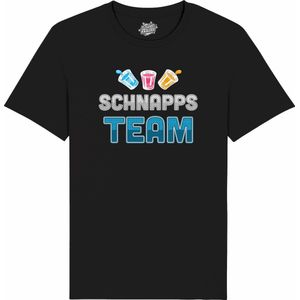 Schnapps Team - Grappige Apres Ski Wintersport Kleding - Mannen / Vrouwen / Unisex - Foute Ski en Snowboard Vakantie Outfit Cadeau - Unisex T-Shirt - Zwart - Maat S