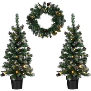 Black Box Trees Norton Set van 2 Kunstkerstbomen en 1 Kerstkrans met LED Verlichting - Groen Frosted