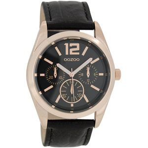 OOZOO Timepieces - Rosé goudkleurige horloge met zwarte leren band - C7624