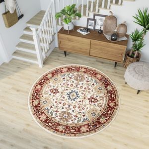 Tapiso Rivoli Vloerkleed Rond Beige Rood Binnenkleed Tapijt Maat- 100x100