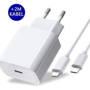 Snellader iPhone met 2m kabel - 20W oplader inclusief Oplaadkabel van 2 meter - USB-C naar lightning (iPhone) kabel 2m - 20W snellader USB-C