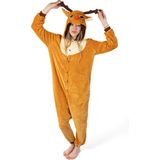 KIMU Onesie Rendier Pak - Maat S-M - Rendierenpak Kostuum Bruin Eland Hert 158 164 - Kerst Pyjama Huispak Zacht Jumpsuit Dames Heren Festival