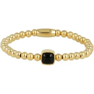 *Gouden elastische bedelarmband met Onyx edelsteen - Gouden armband met Onyx edelsteen - Met luxe cadeauverpakking