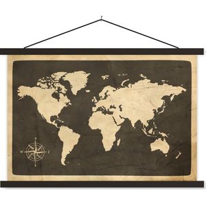 Schoolplaat - Textielposter - Wereldkaart - Kompasroos - Vintage - 90x60 cm - Textiel poster