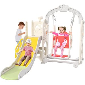 6 in 1 kinderglijbaan set voor binnen buiten, kinderglijbaan met schommel, basketbalhoepel, telescoop, klimmen, glijbaan, opbergruimte, piratenschip look, wit